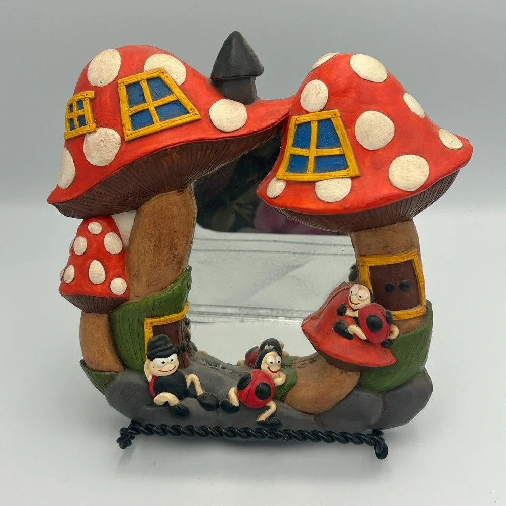 Vintage Chalkware Fairy House Mushroom Ladybug Mirror Red White Wall Juta S 70s